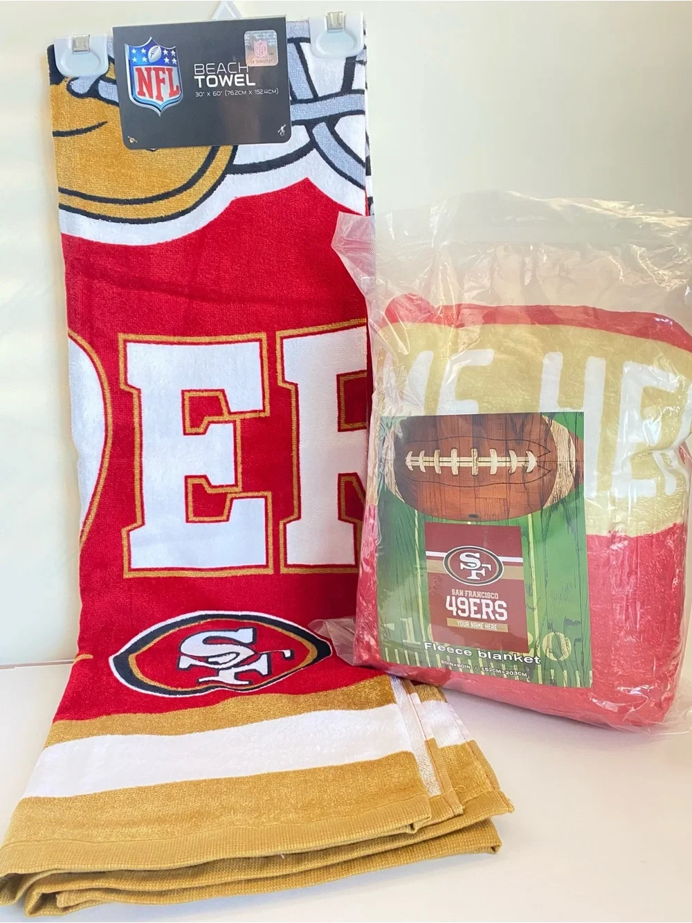 NFL San Francisco 49ers Red and Gold Beach Towel & Fleece Blanket Set & Pillow